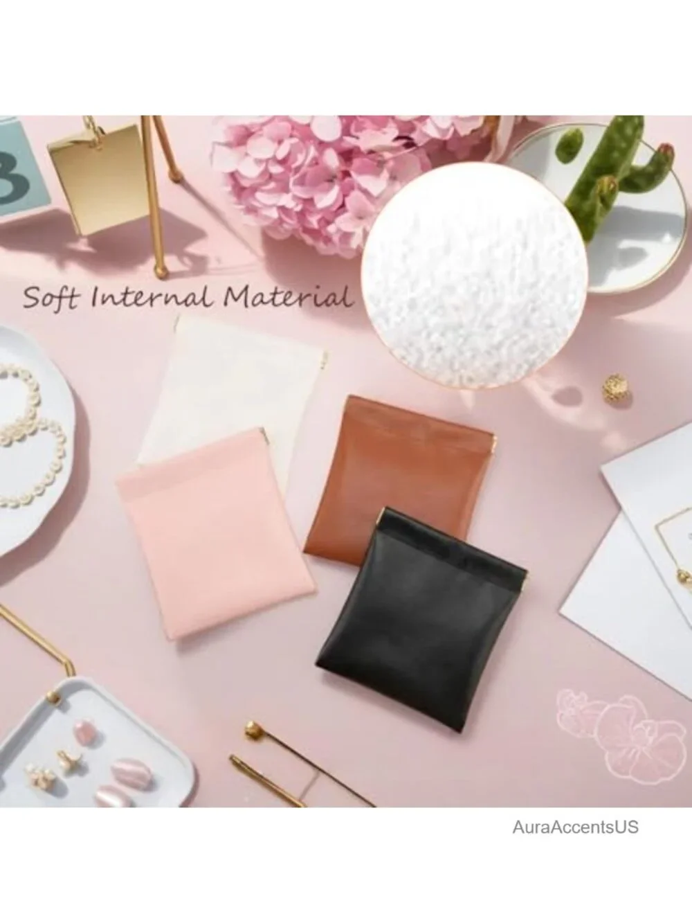 Mini Faux Leather Cosmetic Bags for Purse 4 Pack - Waterproof Snap Closure